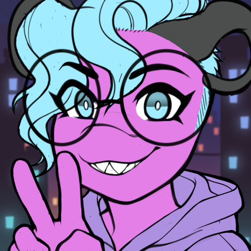a pink anf blue anthro dragon wearing glasses and a hoodie throwsup a peace sign in front of a city